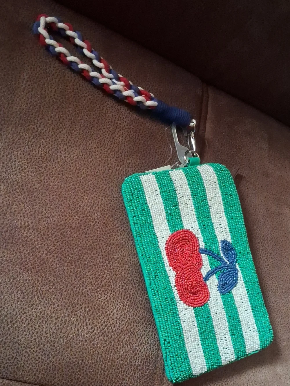 Beaded Green & White Stripe Cherry Wristlet Pouch - Women's Accessories